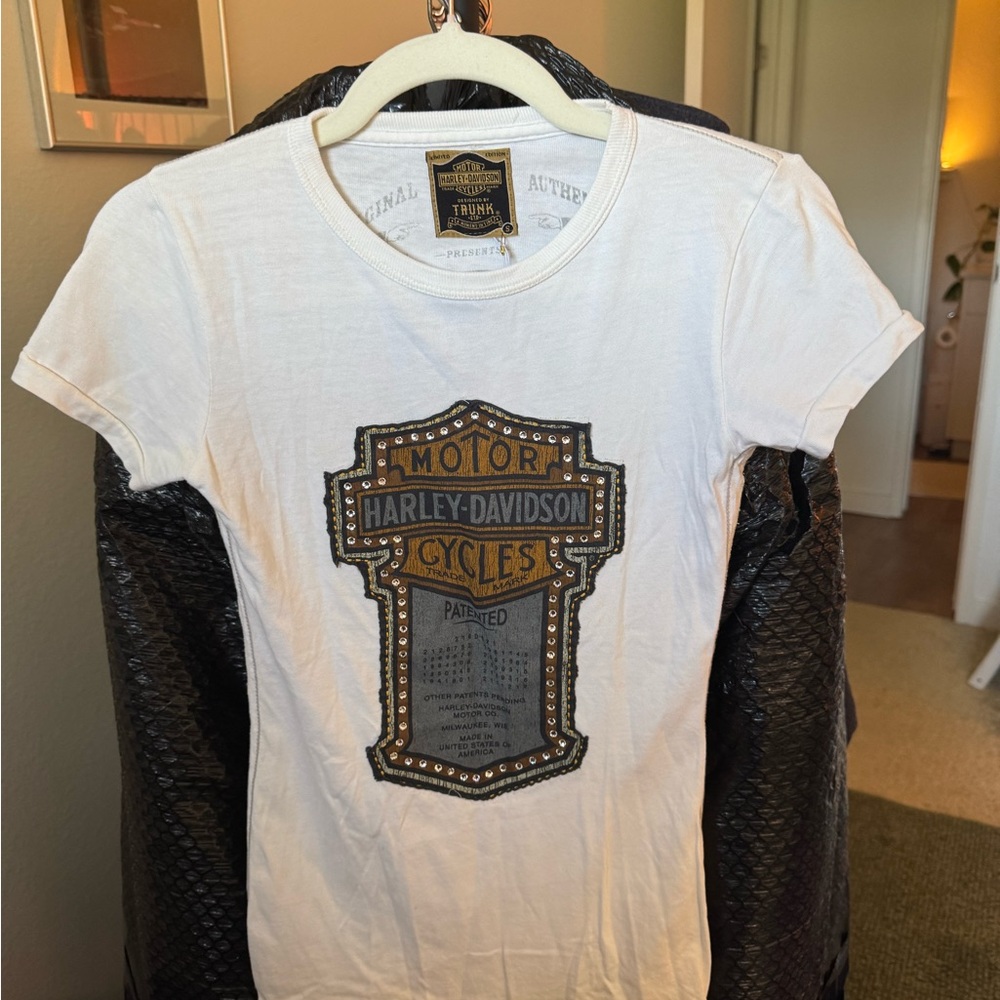 Harley-Davidson White Women Tee with Gold & Black Shield Graphic